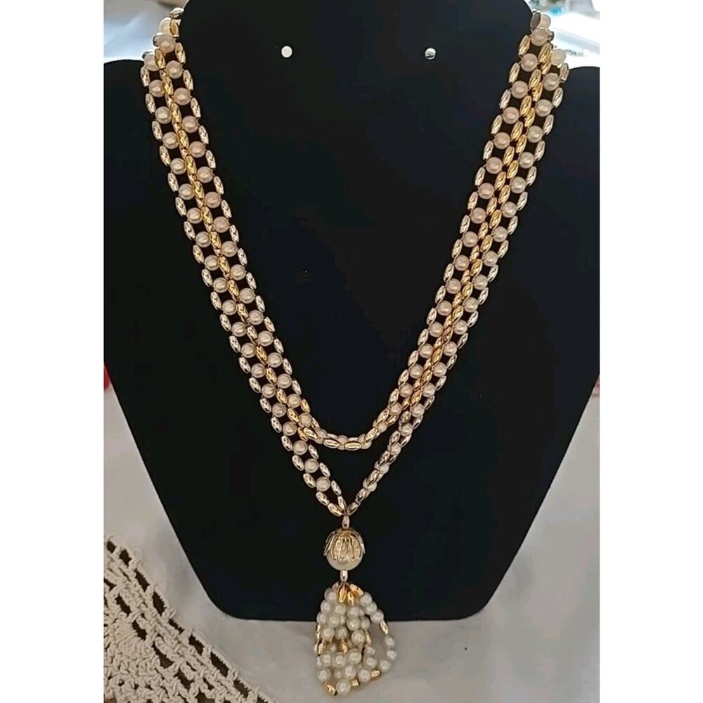 Vtg Faux Pearl Kundan Polki Style Gold Tone Statement Fashion Necklace‎ Jewelry